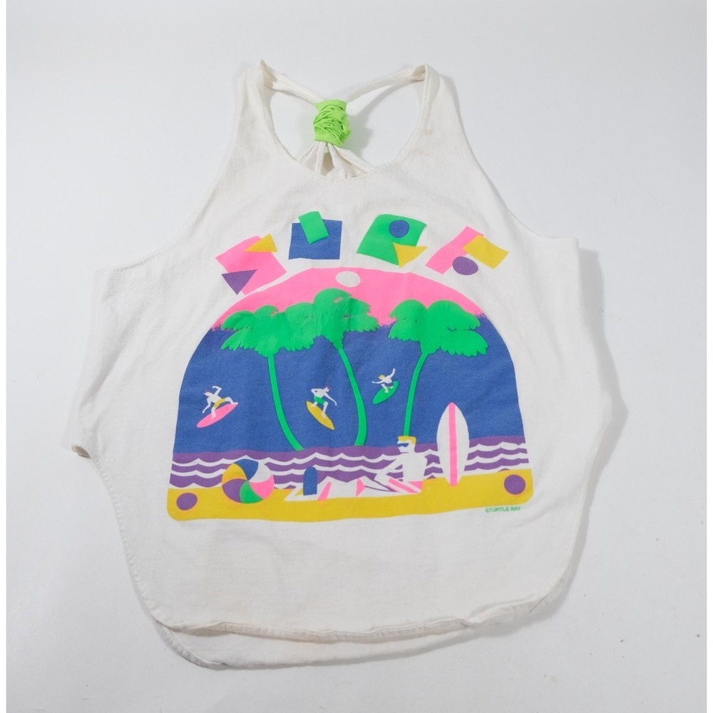 Turtle Bay Cover Up Womens OS White Surf Graphic Vintage 80s Neon Retro USA Made